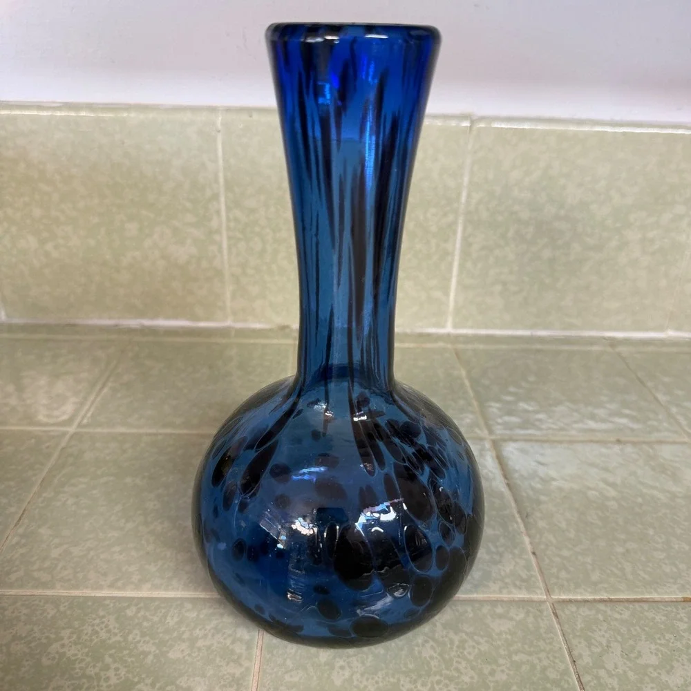 Cobalt Blue Hand Blown Art Glass Bud Vase Spotted Leopard Pattern MCM Style 8